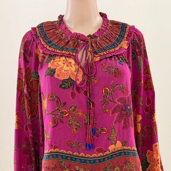 Rachel Zoe Women's Sz M Fuchsia Floral Blouse Rushed Neck Long Sleeves - NWOT - Picture 1 of 9